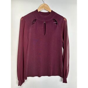 INC International concepts Shirt Womens Burgundy Large Blouse Sheer Sleeves‎